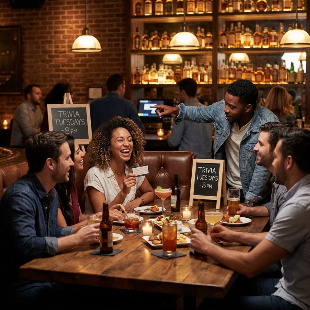 Happy friends at a trivia night